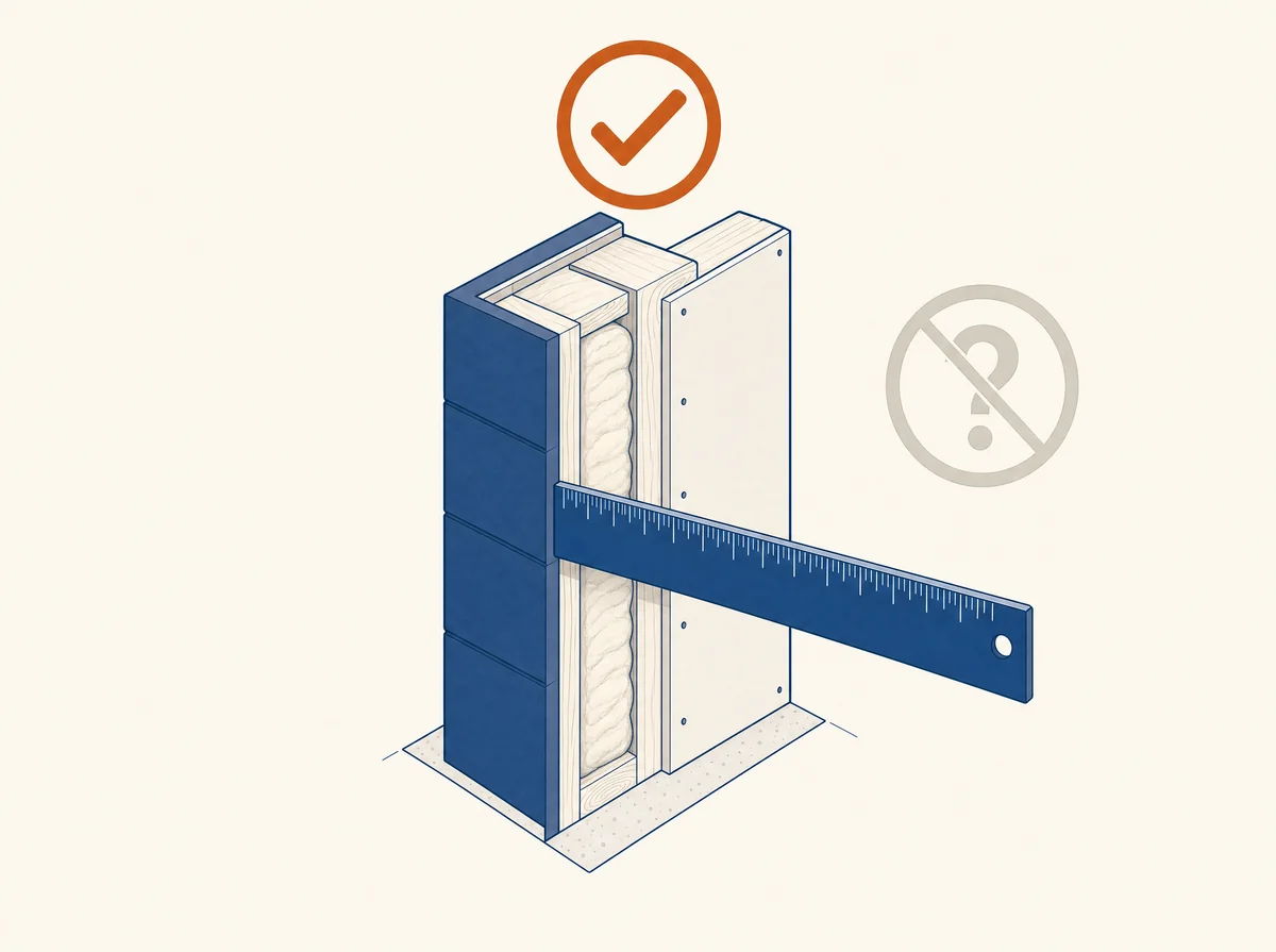 Isometric illustration of a wall assembly being measured with a ruler, with a checkmark accepted and a crossed-out question mark rejected