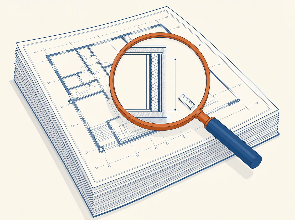 Isometric illustration of a magnifying glass over a stack of real plan sheets, revealing a measured wall detail