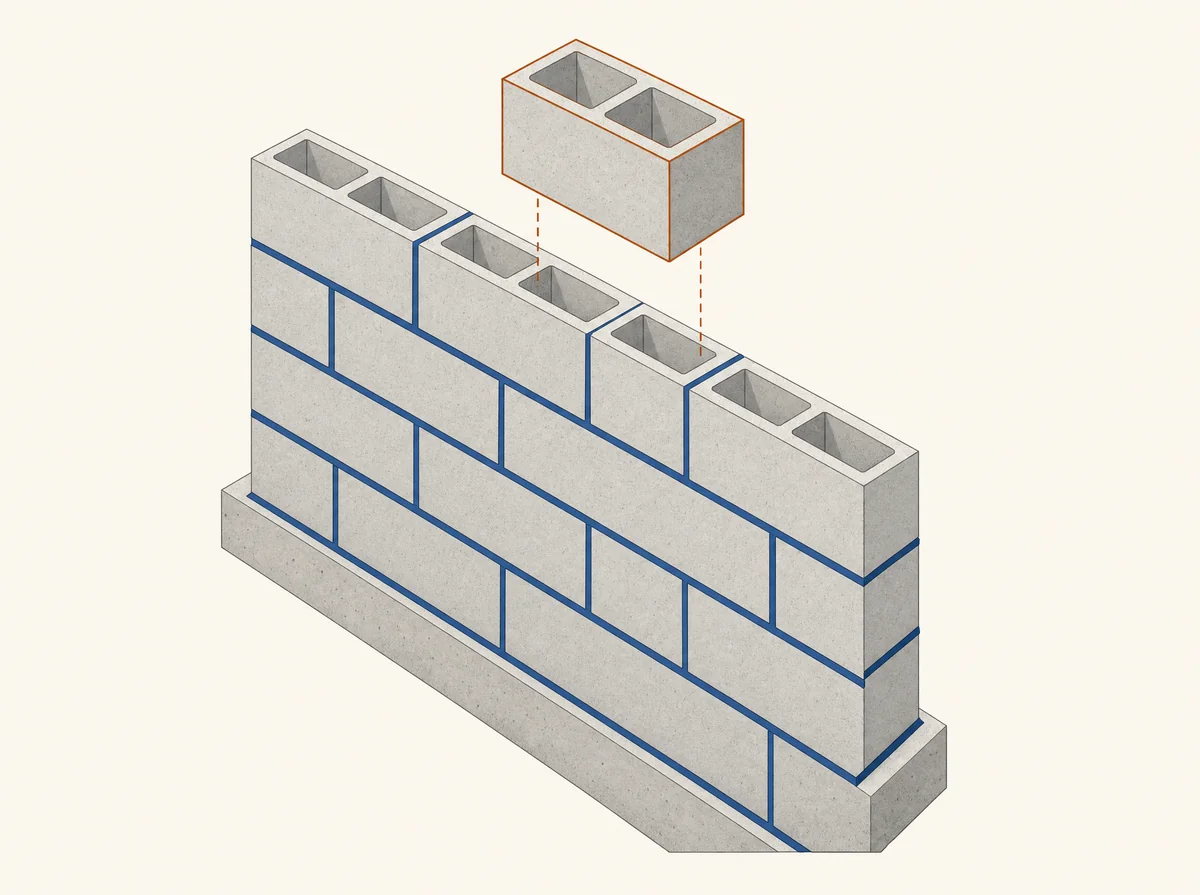 Isometric illustration of a CMU concrete masonry block wall under construction