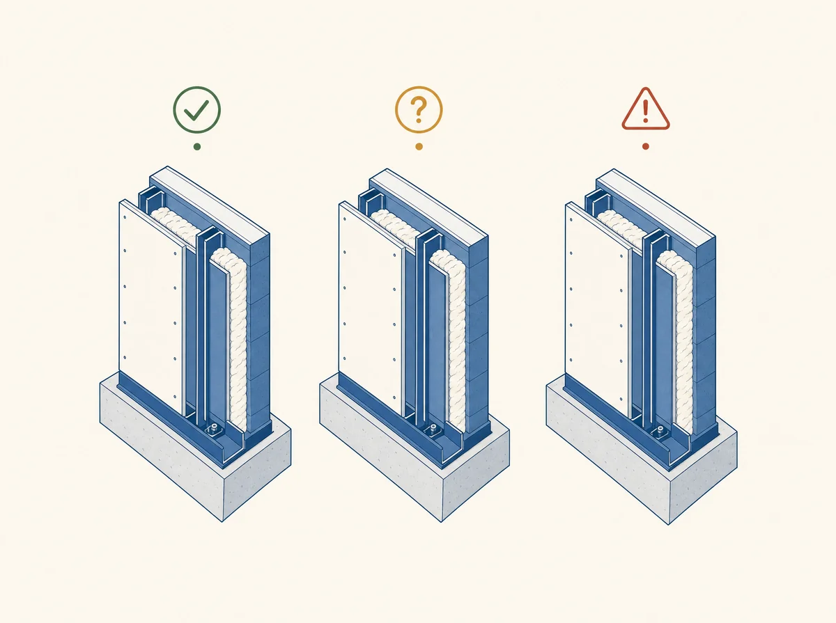Three identical wall cross-sections labeled matched, ambiguous, and needs confirmation with check, question, and warning icons
