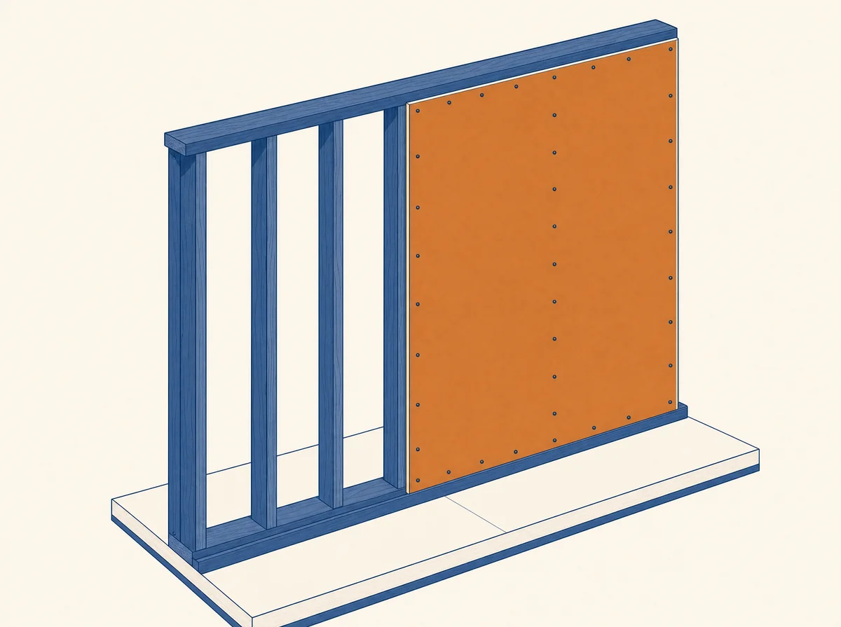 Isometric illustration of a drywall panel being fastened to wood stud wall framing