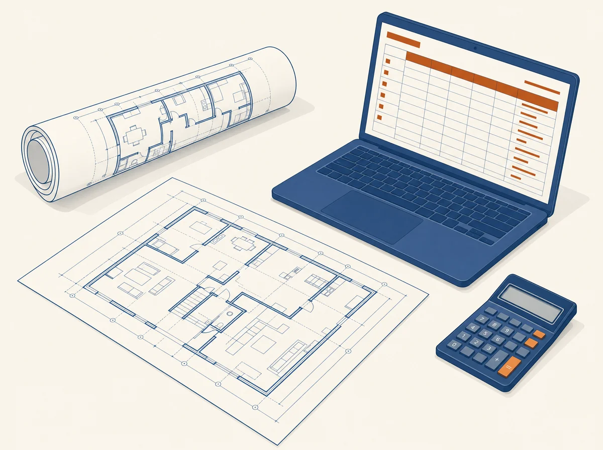 Isometric illustration of rolled and unrolled plan sheets next to a laptop showing a results table and a calculator