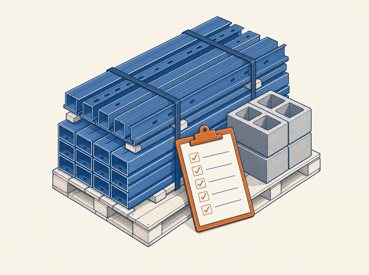 Isometric illustration of a pallet of construction materials with a checklist clipboard