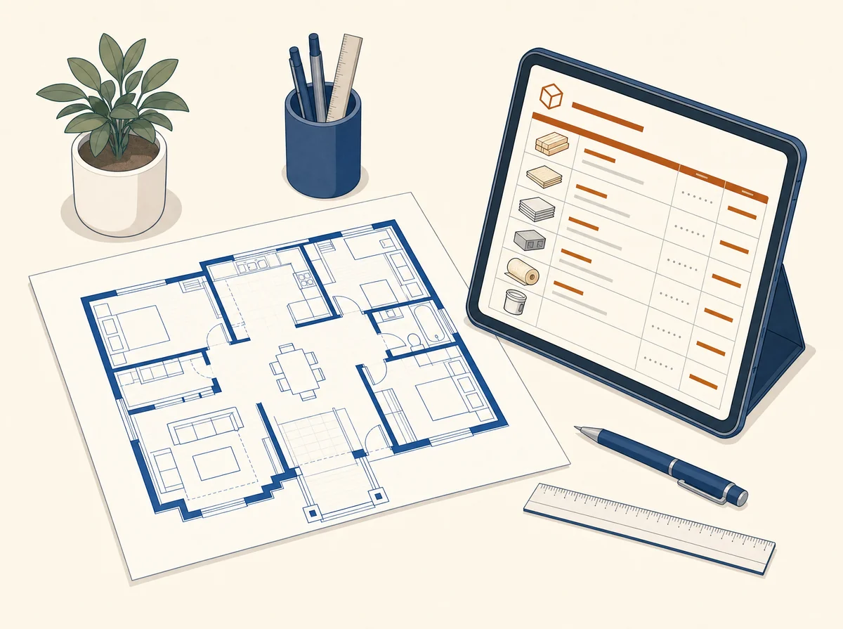 Isometric illustration of a home floor plan and a tablet showing a simple material list on a desk