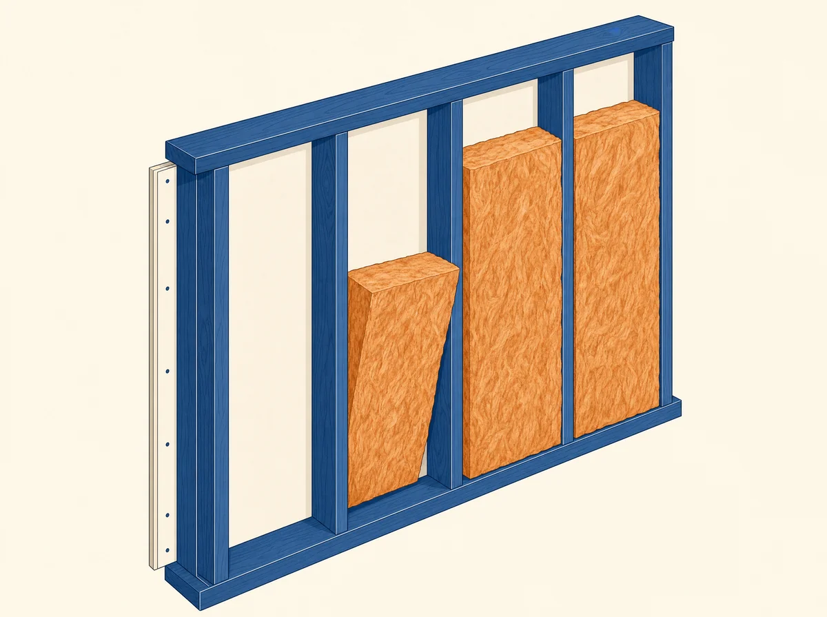 Isometric illustration of insulation batts being installed between wall studs