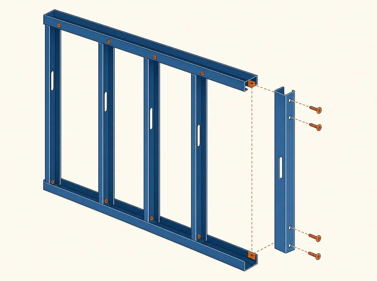 Isometric illustration of steel stud and track metal wall framing with a connection detail