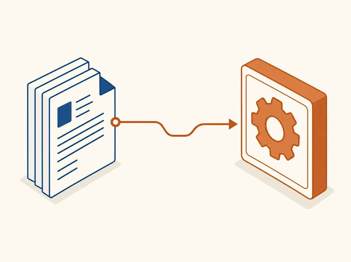 Isometric illustration of a stack of documents connected by an arrow to a gear icon representing an API connection