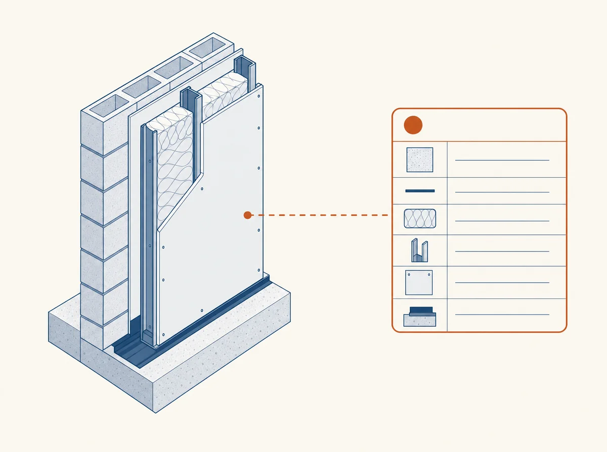 Isometric illustration of a layered wall cross-section connected by a line to a wall-type legend card
