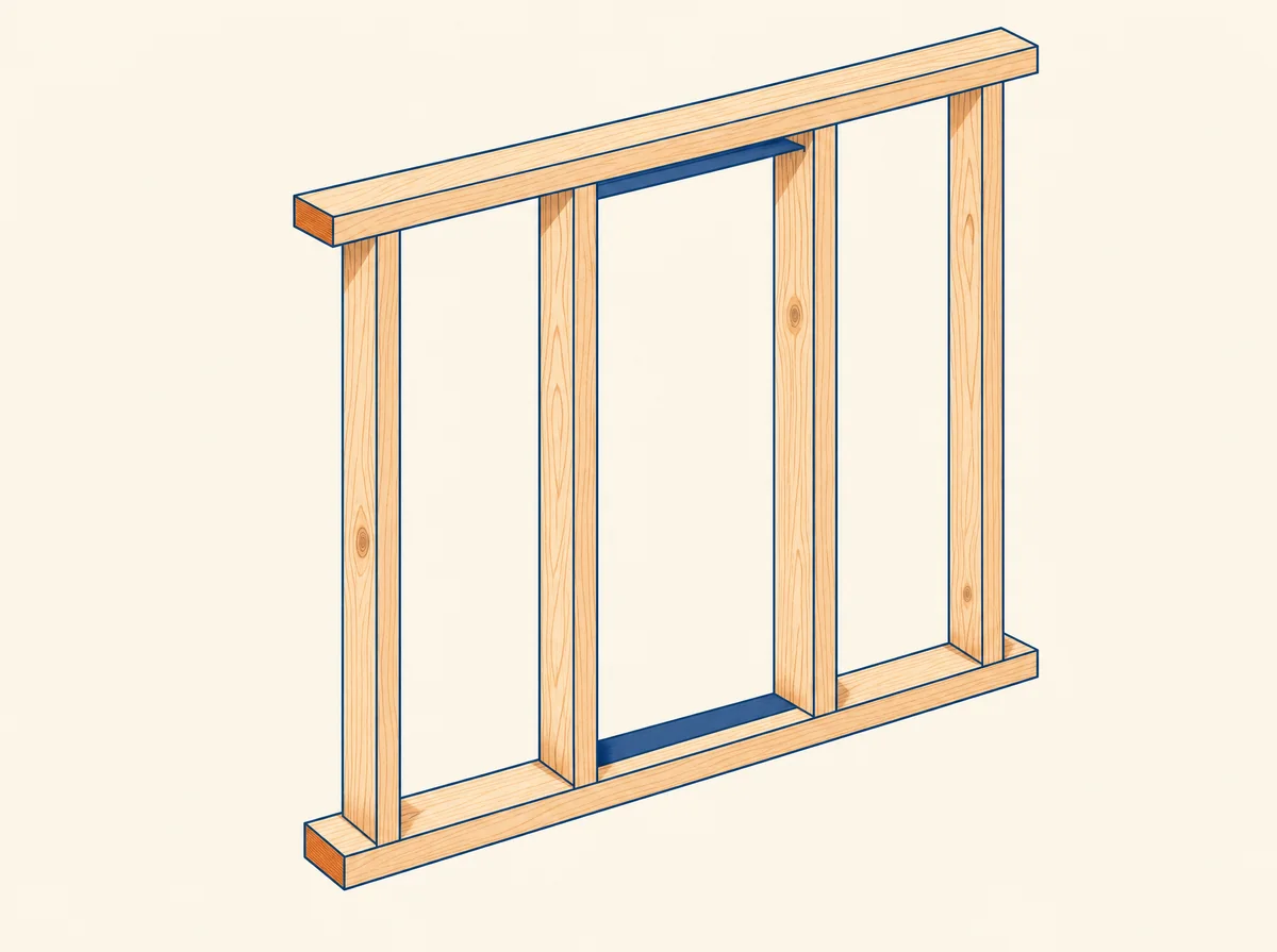 Isometric illustration of 2x wood stud wall framing with top and bottom plates