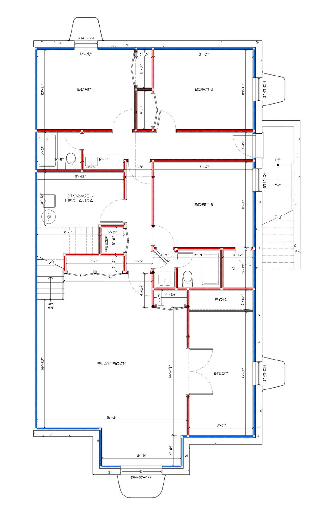Example basement plan, walls measured