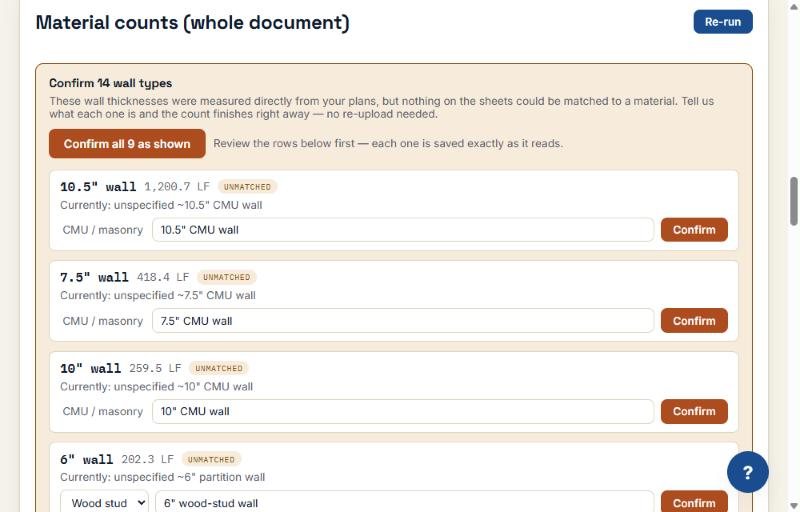 Confirm wall types panel with a Confirm all button