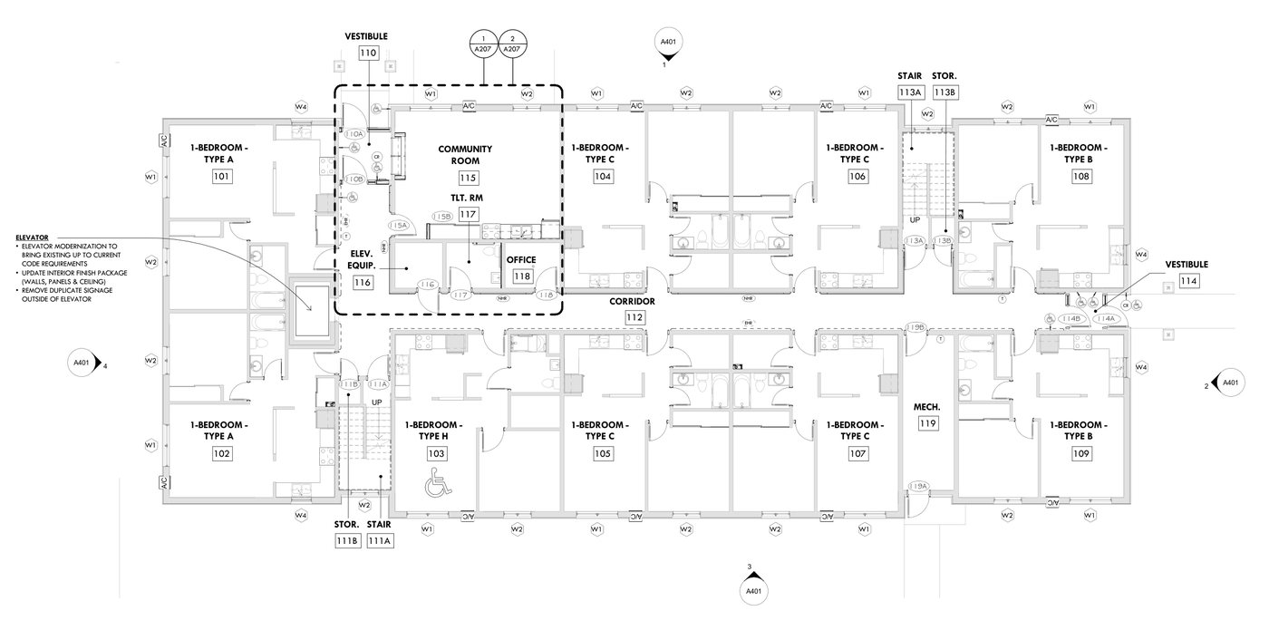 First floor plan, sheet A201, Freeport Square Apartments